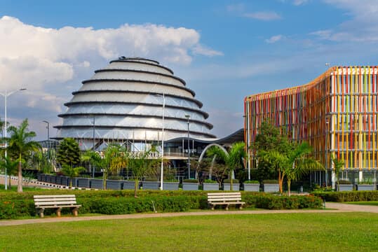 Kigali Convention Centre rising above its landscaped grounds