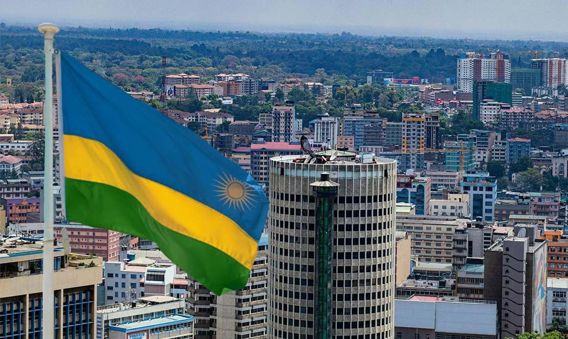 The Rwandan flag above the Kigali skyline and the CN Tower